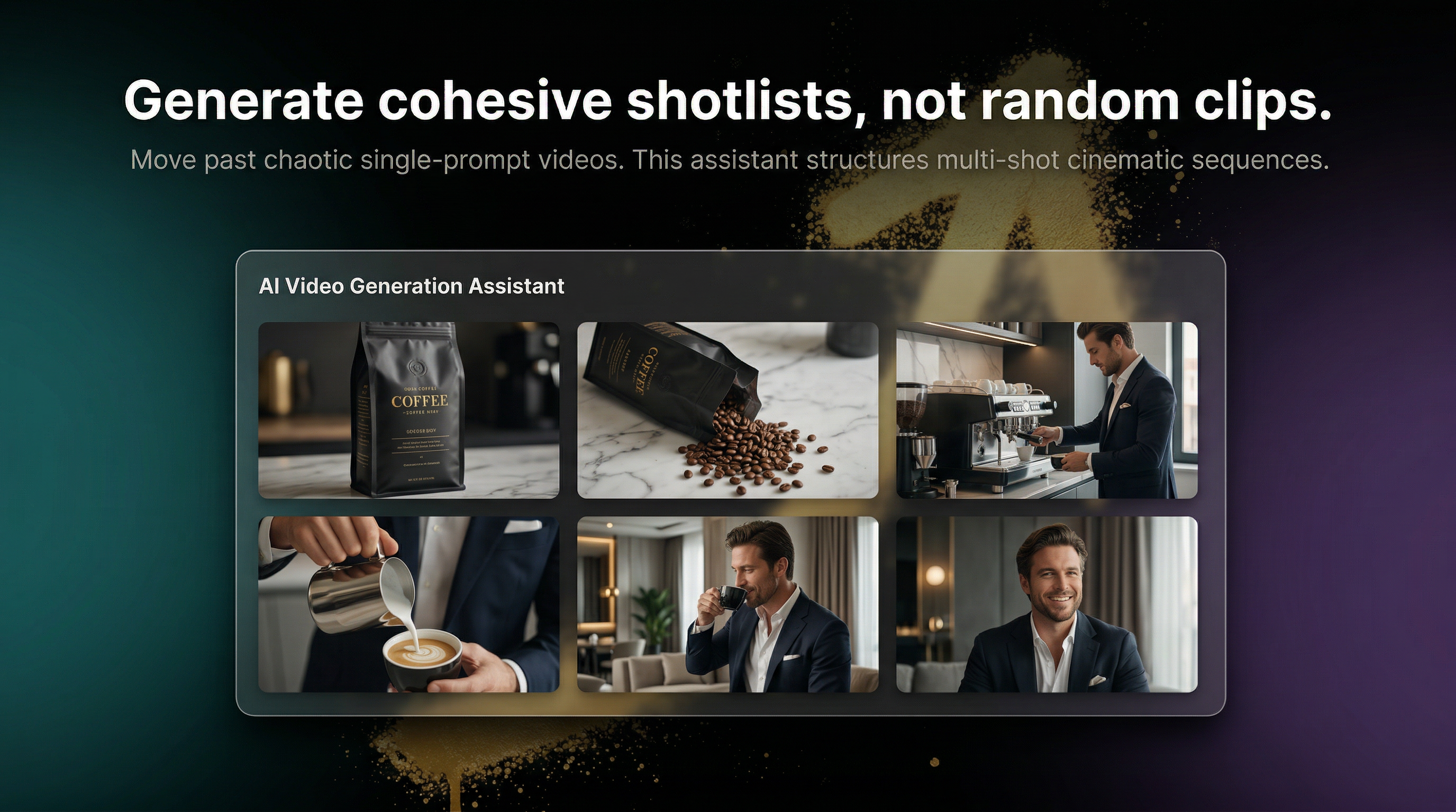 Assistant breaking down a coffee commercial into a cohesive 6-shot sequence