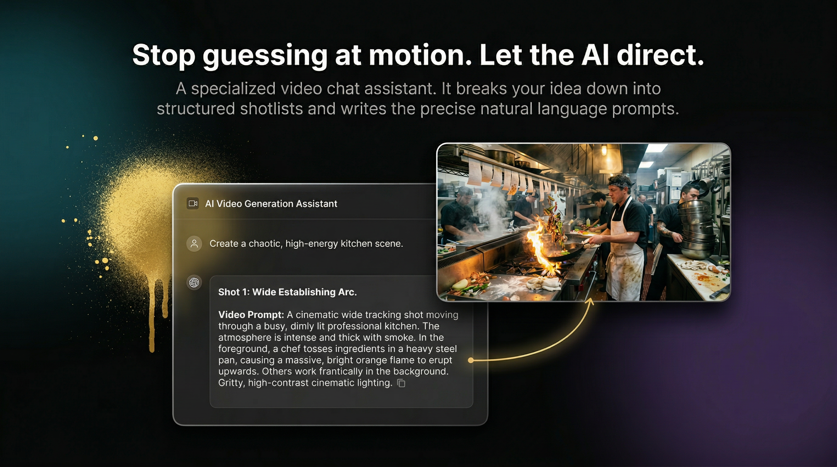 Assistant directing a complex tracking shot in a professional kitchen